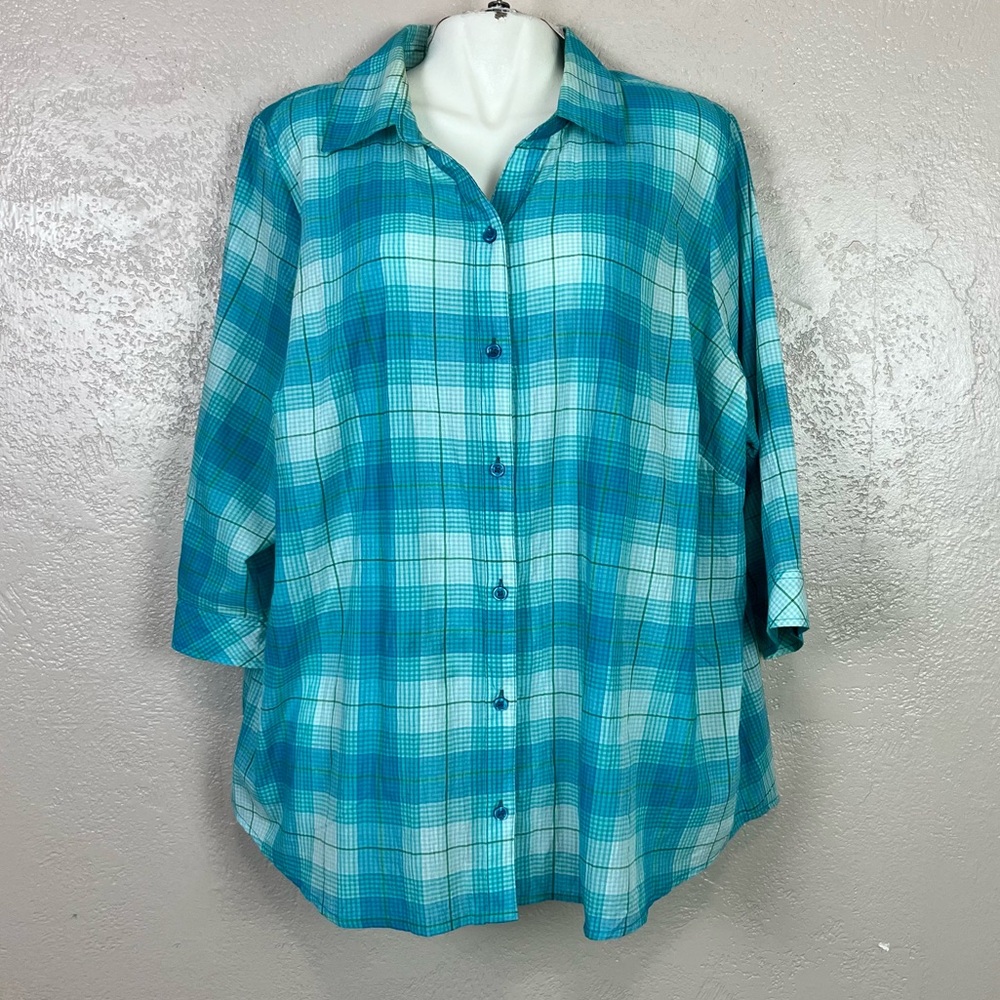 Christopher & Banks Shirt Top Women's XXL Blue Green Plaid 3/4 Sleeves 5 for $30 - Picture 1 of 15